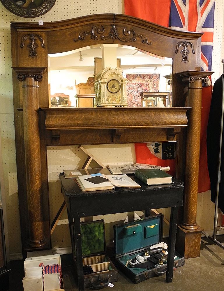 Oak Mantlepiece with Plate Glass Mirror, 80"h.: Oak Mantlepiece with Plate Glass Mirror, 80"h.