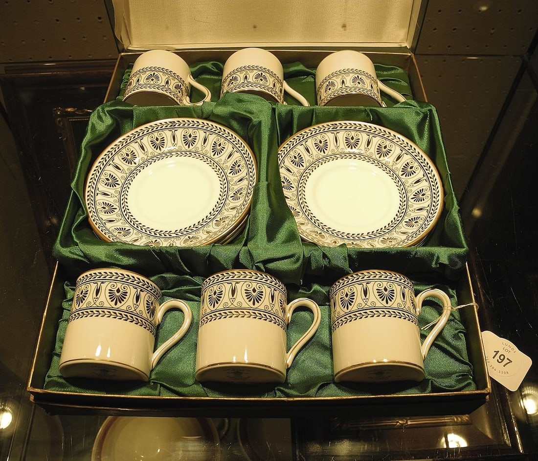 Cased Set of Six Crown Staffordshire "Black Victoria" Demitasse Cups & Saucers.: Cased Set of Six Crown Staffordshire "Black Victoria" Demitasse Cups & Saucers.