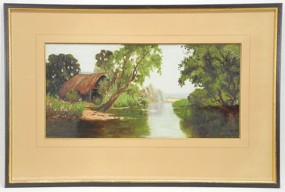 Oil on Canvas Mounted on Board by Elizabeth Watson C.1939, 8 1/2 x 17 1/2", "Pastoral...".: Oil on Canvas Mounted on Board by Elizabeth Watson C.1939, 8 1/2 x 17 1/2", "Pastoral...".