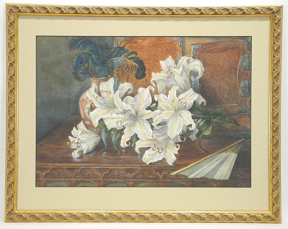 Watercolour Attributed to Ema Dawson , 14 1/2 x 20 7/8", "Lilium Auratum" , Remnant Label on Verso. (1 of 3)