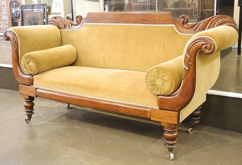 Mid 19th Century Mahogany Sofa with Bolster Cushions, 76" Wide.: Mid 19th Century Mahogany Sofa with Bolster Cushions, 76" Wide.