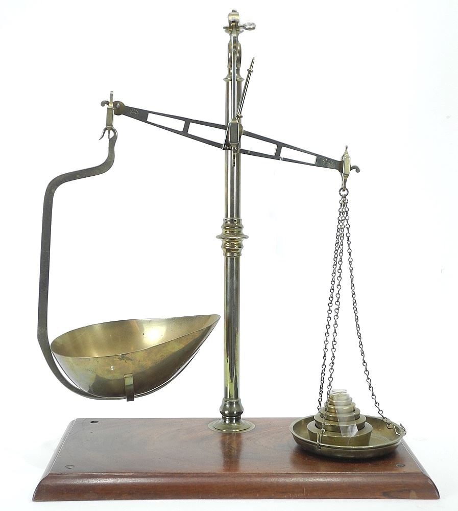 Late 19th C. W & T Avery Birmingham Brass & Mahogany Counter Scales, 20 x 16 x 8 1/2". (1 of 4)