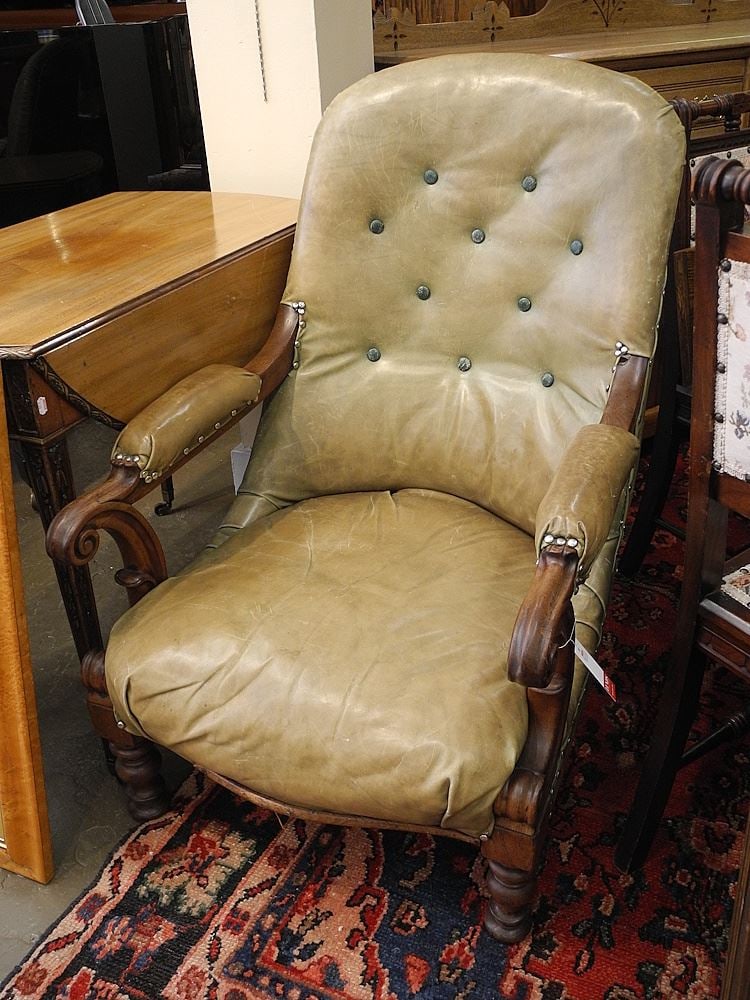 Mid 19th C. Mahogany & Green Leather Library Chair, 37"h.: Mid 19th C. Mahogany & Green Leather Library Chair, 37"h.