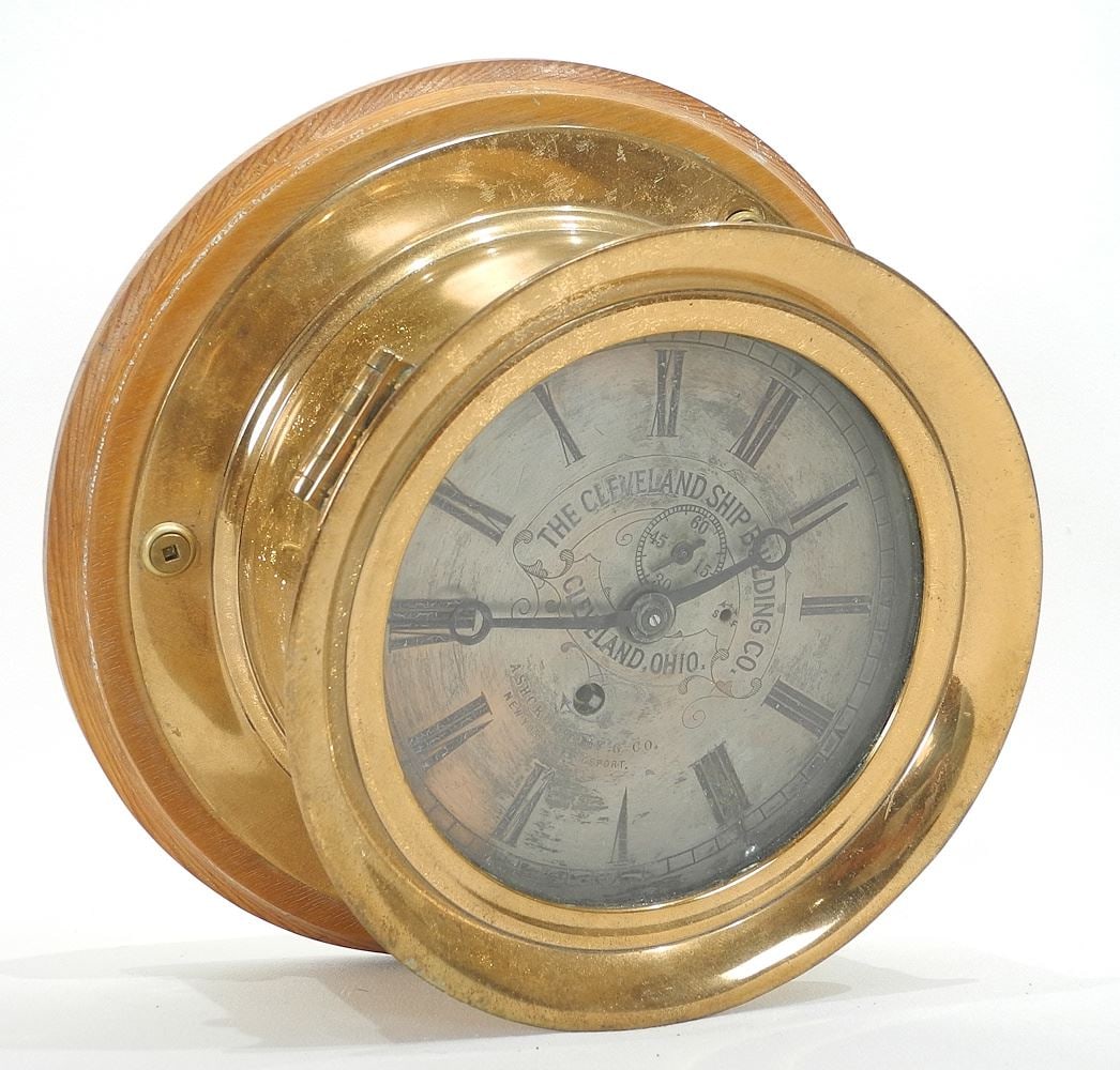 The Cleveland Ship Building Co. Brass Wall Clock, 9 1/4" Diameter, (no key). (1 of 5)