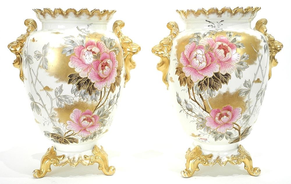 Pair of Royal Bonn (Franz Anton Mehlem) Porcelain Vases, Germany C.1890, 11 7/8" High. (1 of 4)