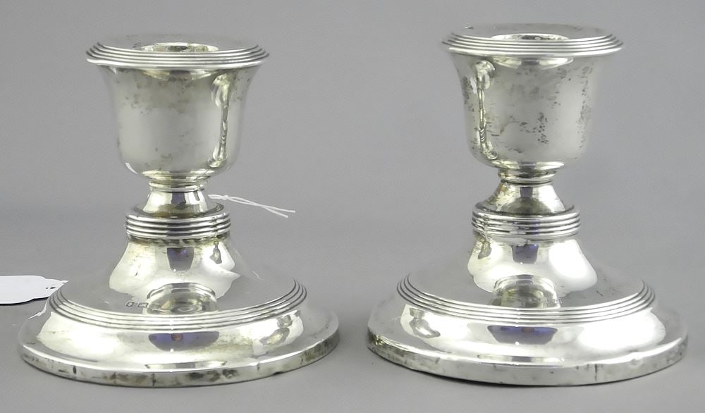 Pair of Hallmarked Silver Weighted Candlesticks, 3"h, 520g (as found). (1 of 4)