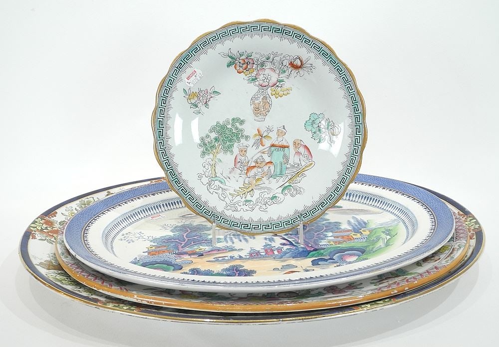 Three English China Platters (one Doulton Burslem) & Chinoiserie Plate, 16 3/4 - 20"w. (1 of 5)