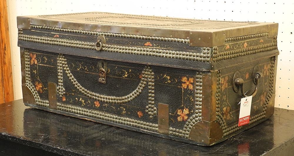 Chinese Painted Leather Trunk Garnished with Tacks, 10 x 24 1/2 x 12 7/8". (1 of 6)