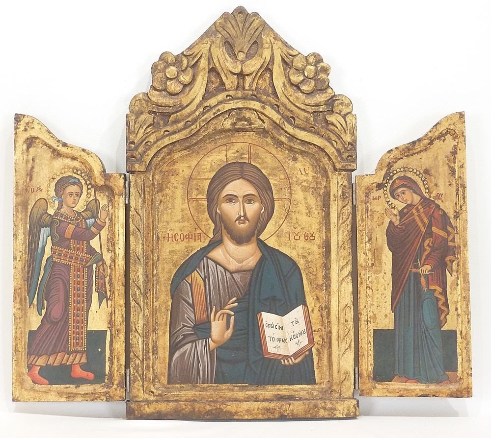 Byzantine Tryptych Icon of Christ, Tempera on Oil Cloth on Wood, 18 7/8 " x 20 3/4".: Byzantine Tryptych Icon of Christ, Tempera on Oil Cloth on Wood, 18 7/8 " x 20 3/4".