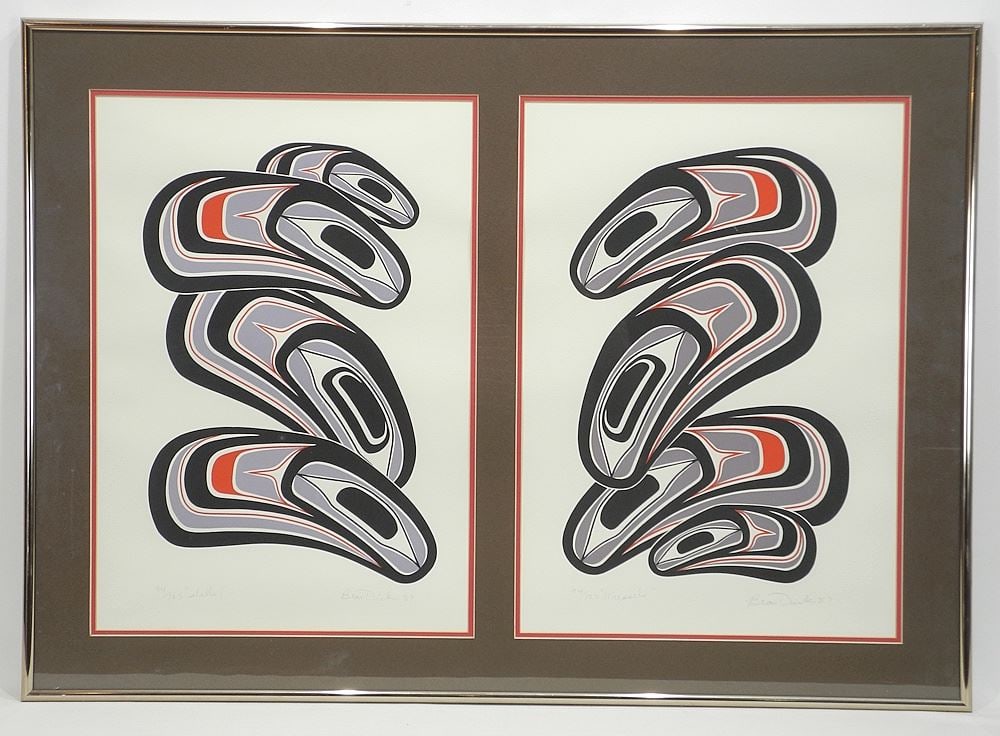Dyptych Serigraph signed Beau Dick' 87, each 18 7/8 x 13 1/4", "Shells" & "Mussels". 94/125. (1 of 4)