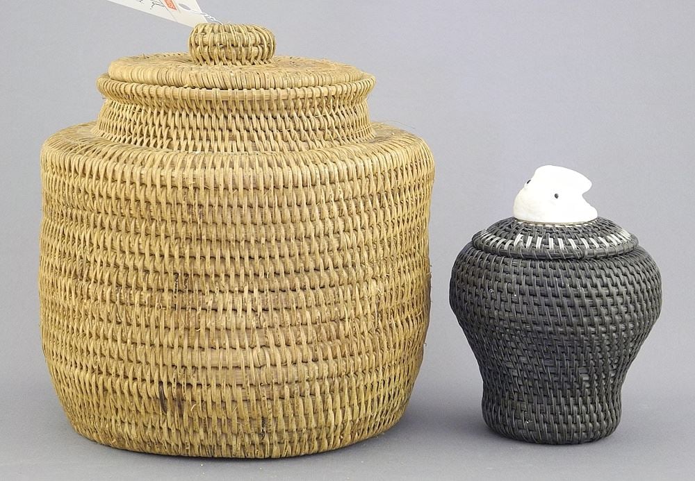 Two Inuit Baskets, One Walrus Mounted, 3 7/8 & 5 1/2"h, NO EXPORT. (1 of 2)
