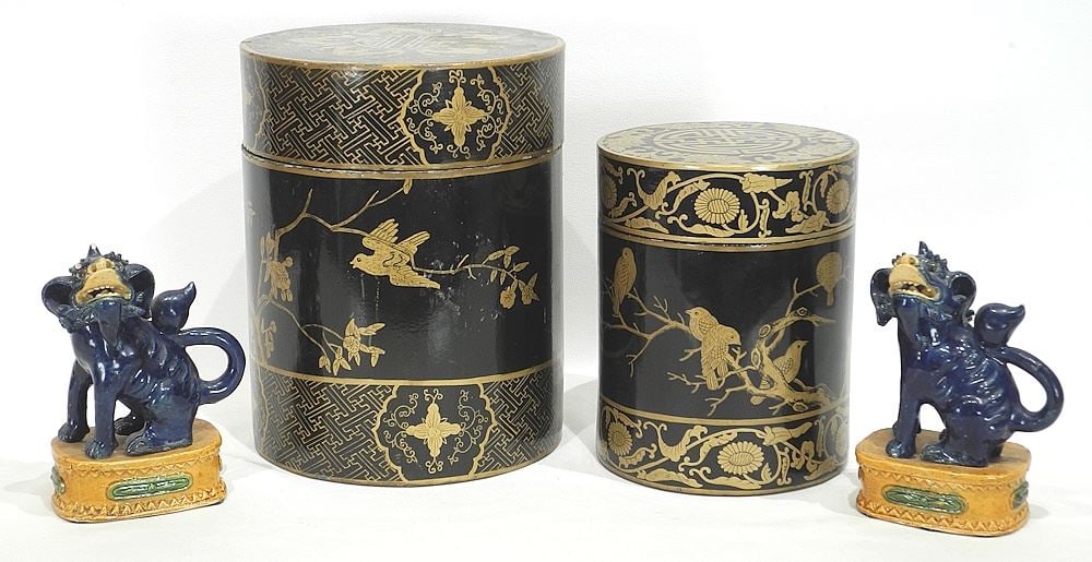 Two Chinese Cylindrical Lacquer Canisters & Sancai Lion Dogs. (1 of 3)