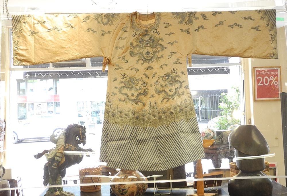 Qing Mandarin 10 Dragon Yellow Silk Robe, 44"h, Lucite Cased (condition noted). (1 of 4)