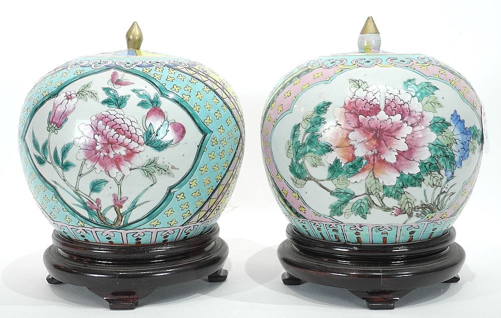 Pair of Chinese Famille Rose Porcelain Covered Jars (8 1/4"h) w/ Stands (both lids restored).: Pair of Chinese Famille Rose Porcelain Covered Jars (8 1/4"h) w/ Stands (both lids restored).