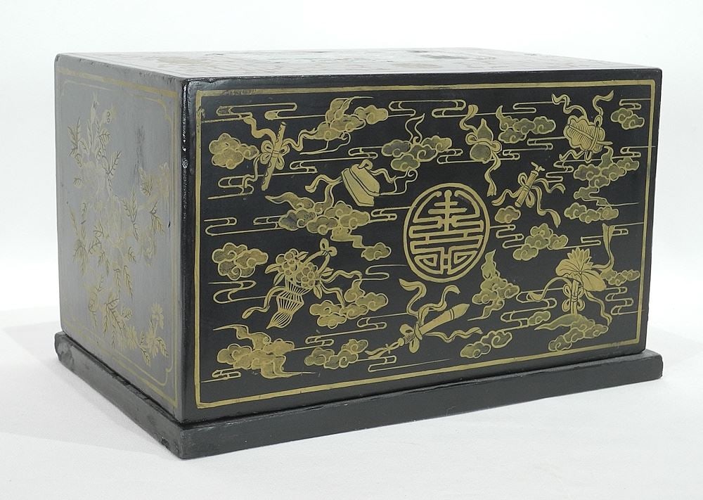 Chinese Cloisonne Inset & Giltwood Sutra Box, 7 1/4 x 12 x 8 1/8".: Chinese Cloisonne Inset & Giltwood Sutra Box, 7 1/4 x 12 x 8 1/8".