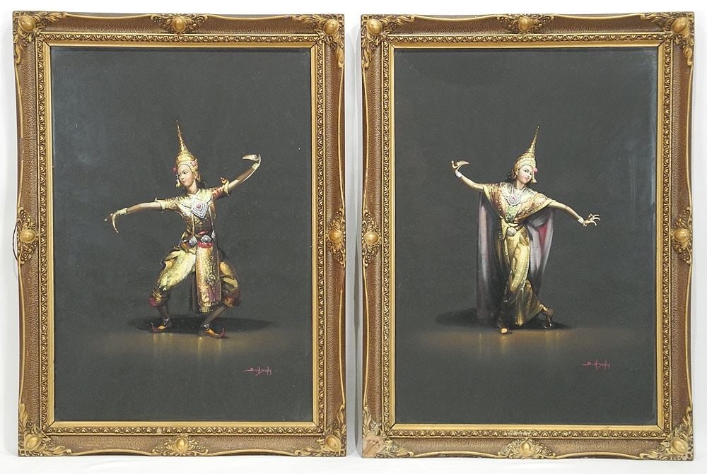 Pair of Pastel on Paper signed Boon Yang, 21 x 14 1/2", "Thai Dancers".: Pair of Pastel on Paper signed Boon Yang, 21 x 14 1/2", "Thai Dancers".