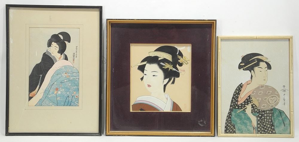 2 Woodblock Prints & Mixed Media on Paper, "Bijin": Utamaro/Shinsui Ito/ Unsigned, Largest 14 x 10" (1 of 4)