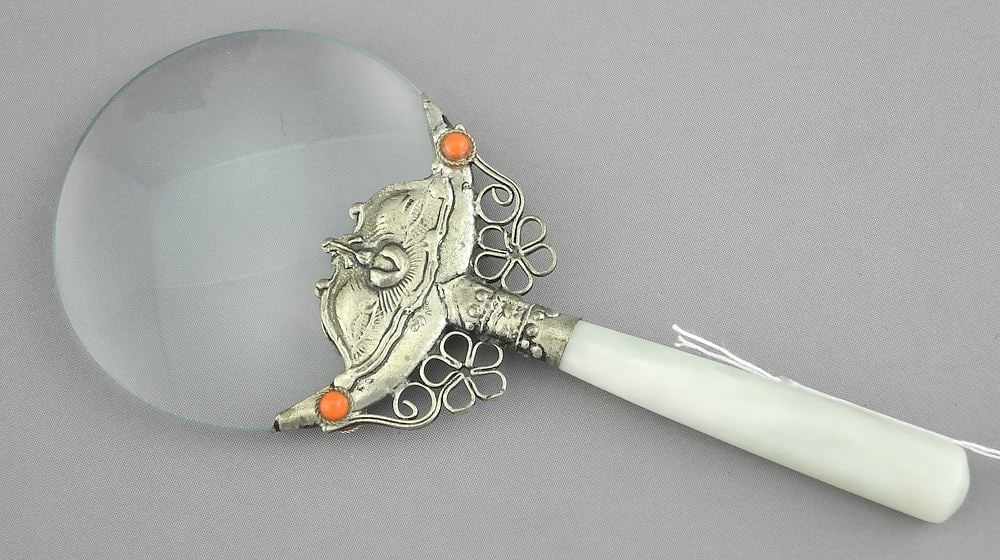 Chinese White Metal & Softstone Magnifying Glass, 5 1/2"h.: Chinese White Metal & Softstone Magnifying Glass, 5 1/2"h.