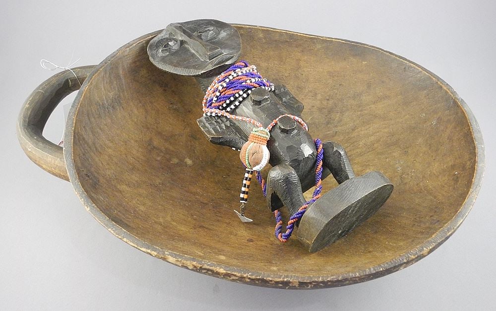 Old African Handled Bowl (16 3/4"L) with Masai Figure, 10 3/4"h.: Old African Handled Bowl (16 3/4"L) with Masai Figure, 10 3/4"h.