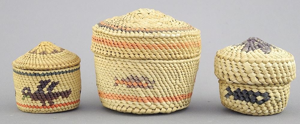 Three Nuu-Chah-Nulth Trinket Baskets , 1 3/8 - 2"h. (1 of 3)