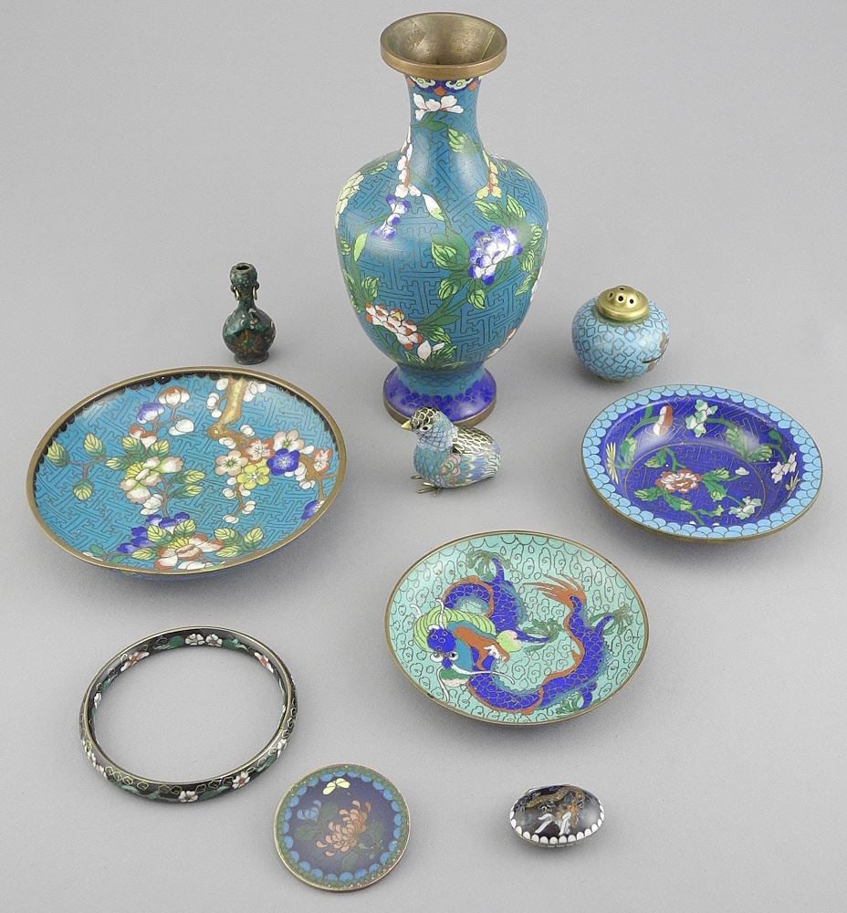 Collection of Chinese Ornamental Cloisonne Wares: Vase/Bangle/Brooch/ Dishes. (1 of 1)