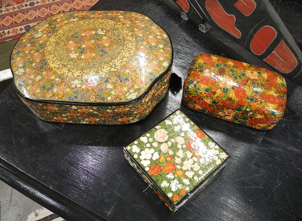 Seven Kashmir Papier Mache Boxes, Largest 11 5/8"w.: Seven Kashmir Papier Mache Boxes, Largest 11 5/8"w.