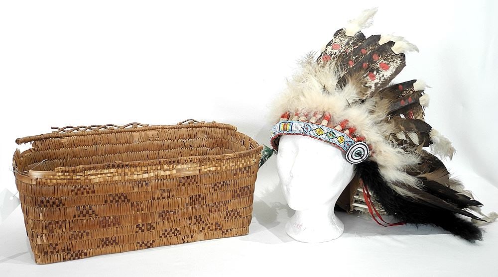 Samson Tribe Feather Headdress: Recipient Mayor of Ponoka, Alberta with Salish Basket, NO EXP (1 of 4)