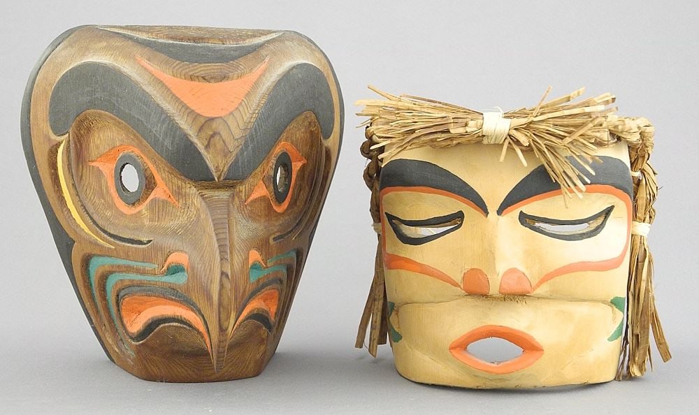 2 Miniature Masks signed Charlie Mickey (4th) & Basil H.James, 5 1/4" h. (1 of 3)