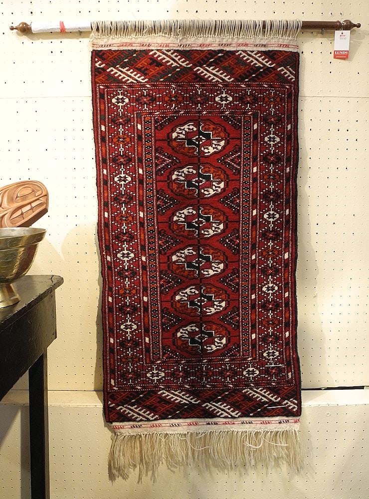 Bokhara Mat Approximately 45 x 20 1/2" on Mounting Bar with Note. (1 of 1)