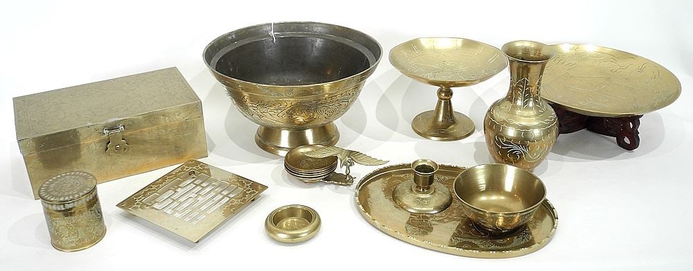 Collection of Chinese Engraved Brass Items & Box, 9 1/2"w. (1 of 3)