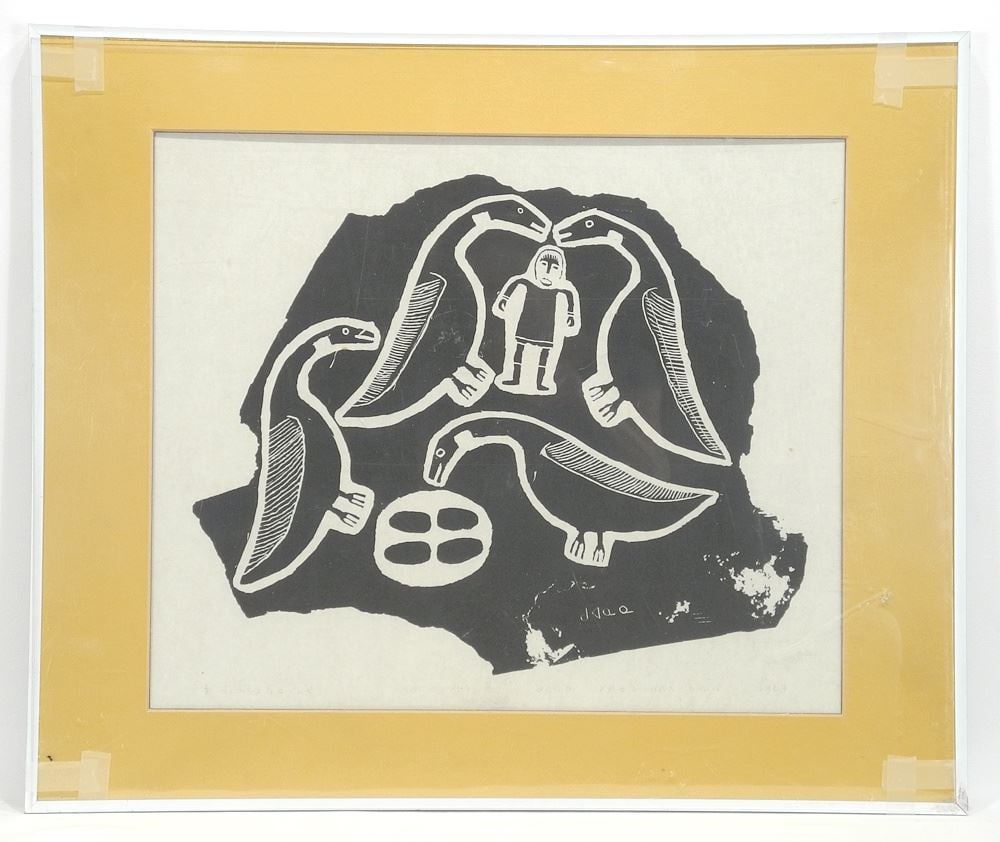 Inuit Print signed with Syllabics 1964, 15 x 18", "A Person Surrounded by Birds" #3/30. (1 of 3)