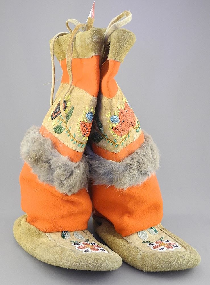 Pair of Beaded & Fur Trimmed Tanned Hide Boots, 14 1/2"L. (1 of 3)