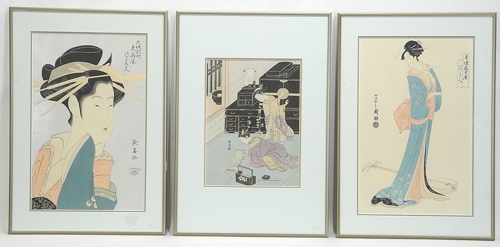 3 Japanese Woodblock Prints: Taknya Yoshida/Chokosai Eisho/Hosoda Eishi, 15 x 9 1/2".: 3 Japanese Woodblock Prints: Taknya Yoshida/Chokosai Eisho/Hosoda Eishi, 15 x 9 1/2".