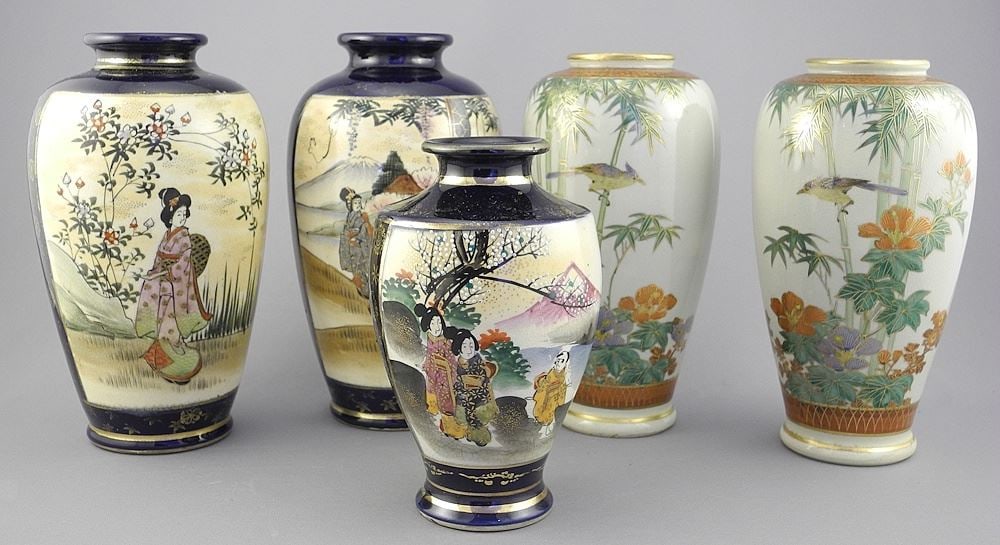 Five Satsuma Vases, 5 3/4 - 7 1/2"h (one cracked).: Five Satsuma Vases, 5 3/4 - 7 1/2"h (one cracked).