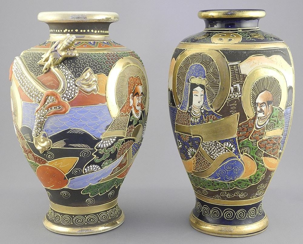 Two Satsuma Vases, 9 3/4 & 9 7/8"h (one with rim chip).: Two Satsuma Vases, 9 3/4 & 9 7/8"h (one with rim chip).