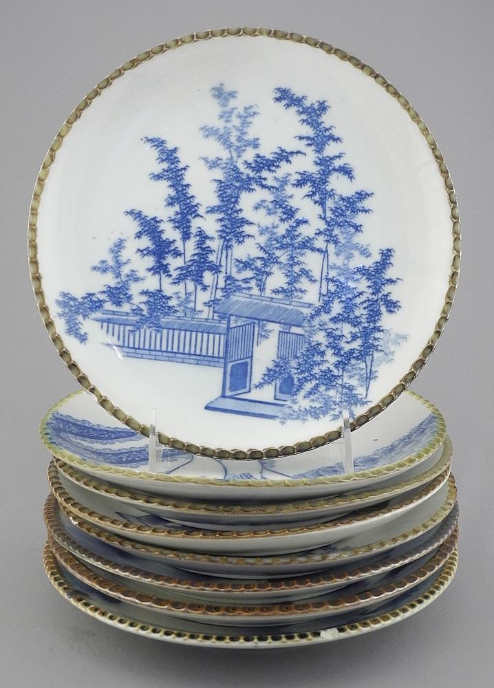 Eight Japanese Blue & White Imari Porcelain Brown Edge Dishes, 8 1/2" Diameter (one chipped).: Eight Japanese Blue & White Imari Porcelain Brown Edge Dishes, 8 1/2" Diameter (one chipped).