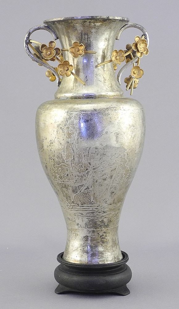 Japanese Silver Plated Vase, TH 8". (1 of 2)