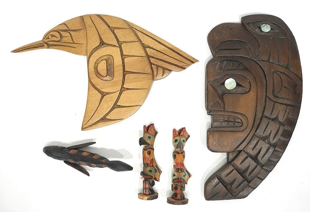 5 Northwest Coast Carvings: Louie/ Antoine/2 Poles/Fish, 4 1/4 - 11 1/2 "h. (1 of 4)