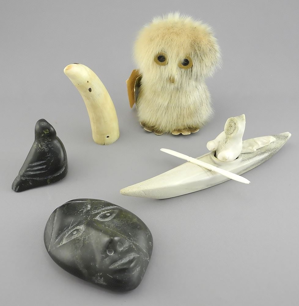 Collection of Inuit Items: Face Attr to Letia Tagornak/Ptarmigan/2 Marine Items, NO EXPORT. (1 of 5)