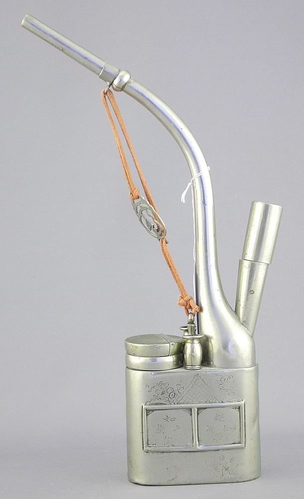 Chinese White Metal Water Pipe, 10"h (missing tools). (1 of 2)