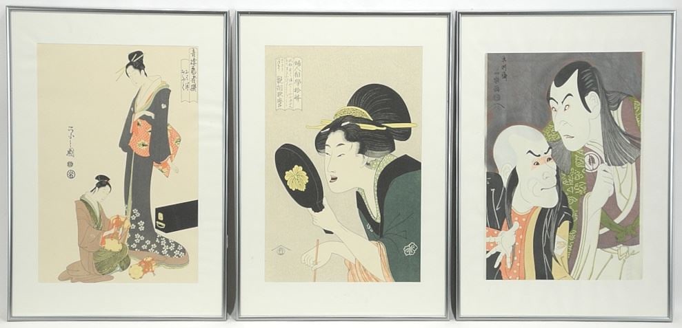 3 Japanese Woodblock Prints: Toshusai Sharaku/Hosoda Eishi/ Utamaro, 14 3/4 x 9 3/4".: 3 Japanese Woodblock Prints: Toshusai Sharaku/Hosoda Eishi/ Utamaro, 14 3/4 x 9 3/4".