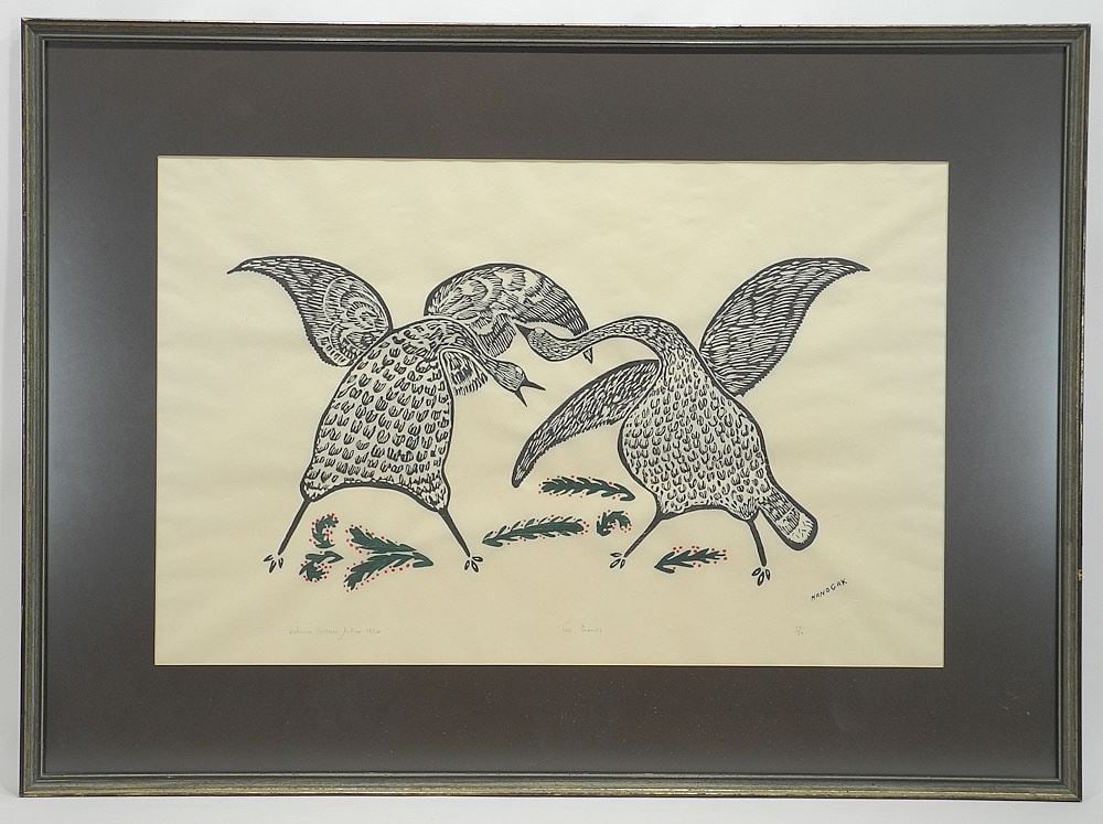 Inuit Print signed (Agnes) Nanogak, 17 7/8 x 28", "Two Cranes" #34/50, 1974. (1 of 3)