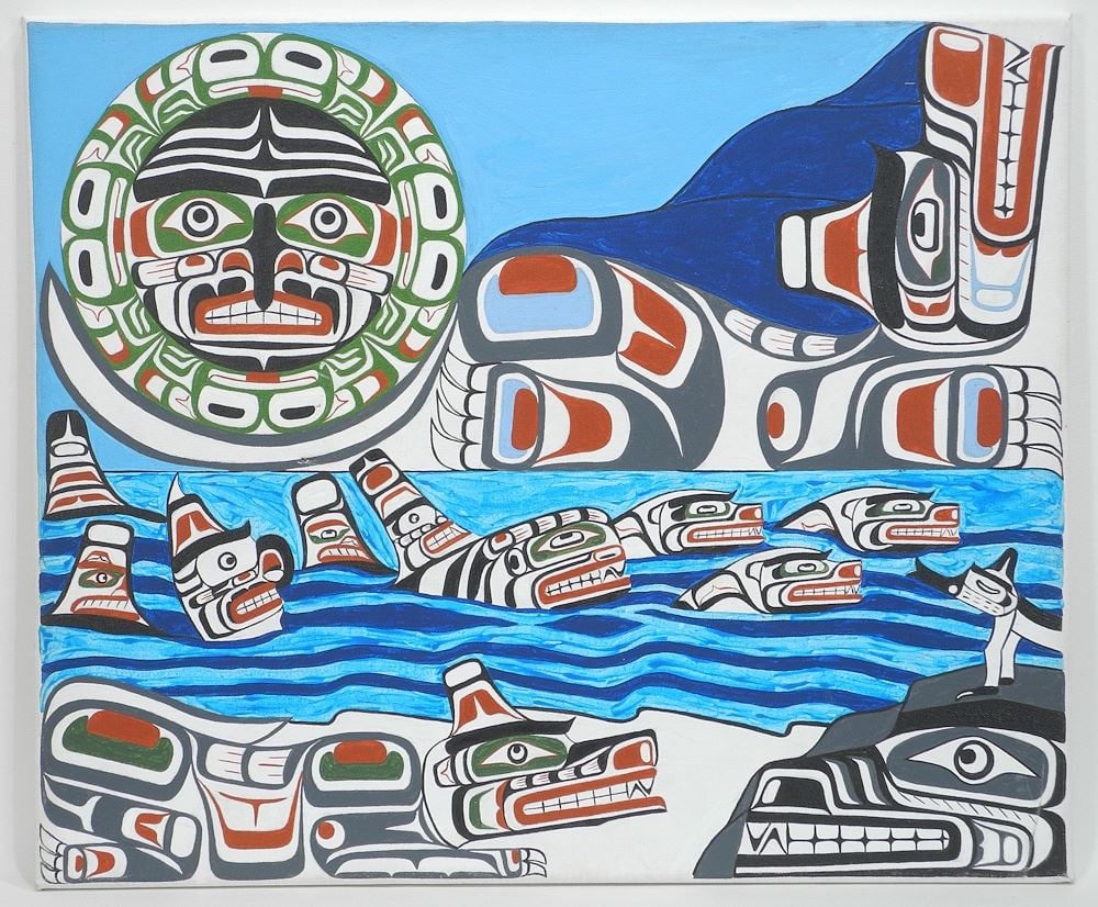 Acrylic on Canvas signed John Henry Hunt Verso, 20 x 24", "Kwagiulth Orcas, Wolves, Moon" (1 of 4)