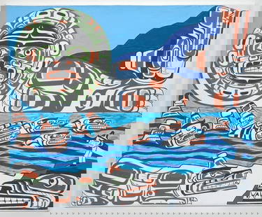 Acrylic on Canvas signed John Henry Hunt Verso, 20 x 24", "Kwagiulth Orcas, Wolves, Moon": Acrylic on Canvas signed John Henry Hunt Verso, 20 x 24", "Kwagiulth Orcas, Wolves, Moon"