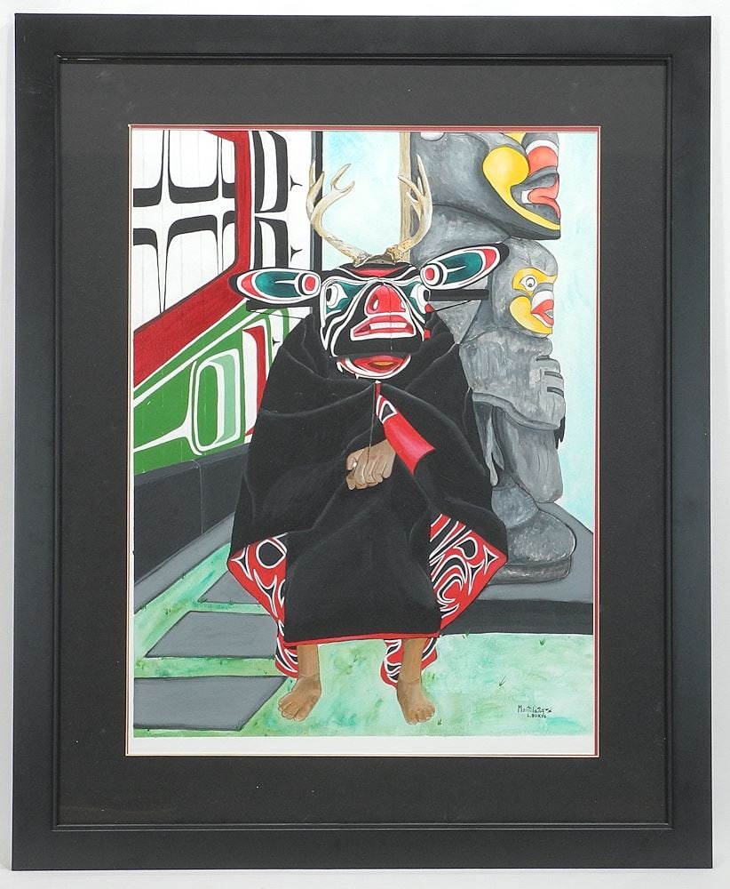 Acrylic on Paper signed Mantilaogwa (L. Borys), 24 x 18", "Figure in Transforming Mask".: Acrylic on Paper signed Mantilaogwa (L. Borys), 24 x 18", "Figure in Transforming Mask".