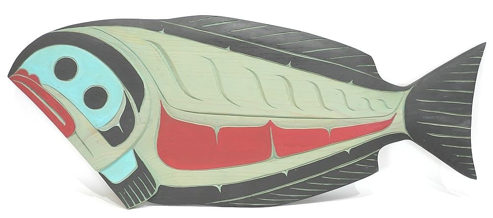 Coast Salish Panel Carving signed Glen Harper, 27 1/4"L, "Halibut".: Coast Salish Panel Carving signed Glen Harper, 27 1/4"L, "Halibut".