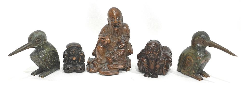 Collection of Asian Wood Carvings: Pair of Birds/Shoulao/2 Okimono, 1 7/8 - 3 5/8"h. (1 of 4)