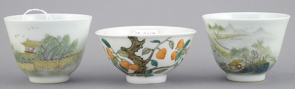 Pair of Chinese Porcelain Wine Cups, Qianlong Mark & Guangxu Cup, 1 1/2 - 1 3/4"h.: Pair of Chinese Porcelain Wine Cups, Qianlong Mark & Guangxu Cup, 1 1/2 - 1 3/4"h.