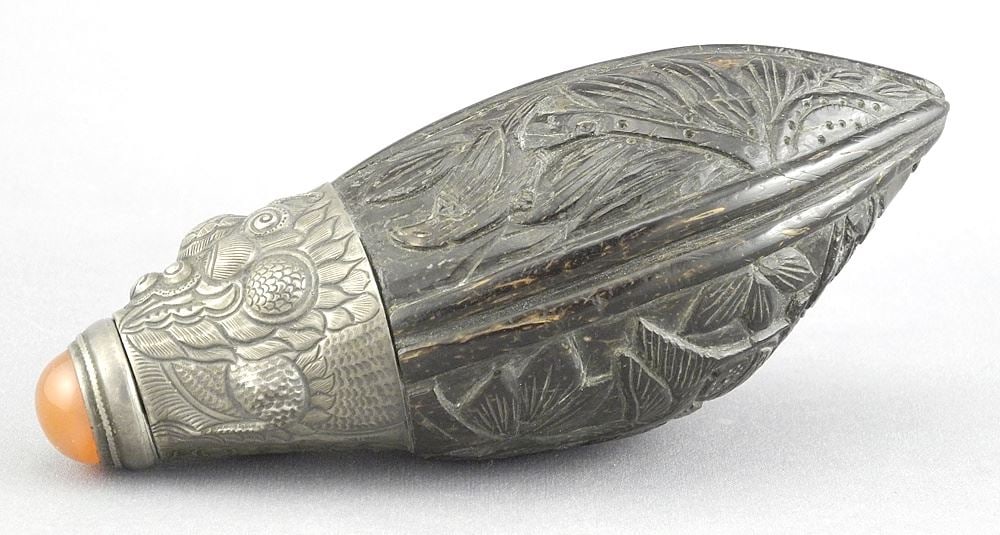 Chinese Coconut & Silver Alloy Snuff Bottle, 4 3/4"L, 62g. (1 of 4)