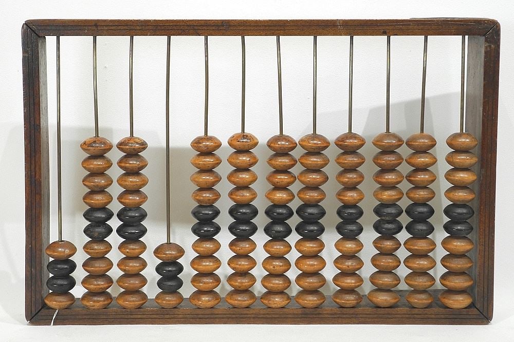 19th C. Brass Inlaid Mahogany Abacus , 3 x 17 1/2 x 11 1/2".: 19th C. Brass Inlaid Mahogany Abacus , 3 x 17 1/2 x 11 1/2".